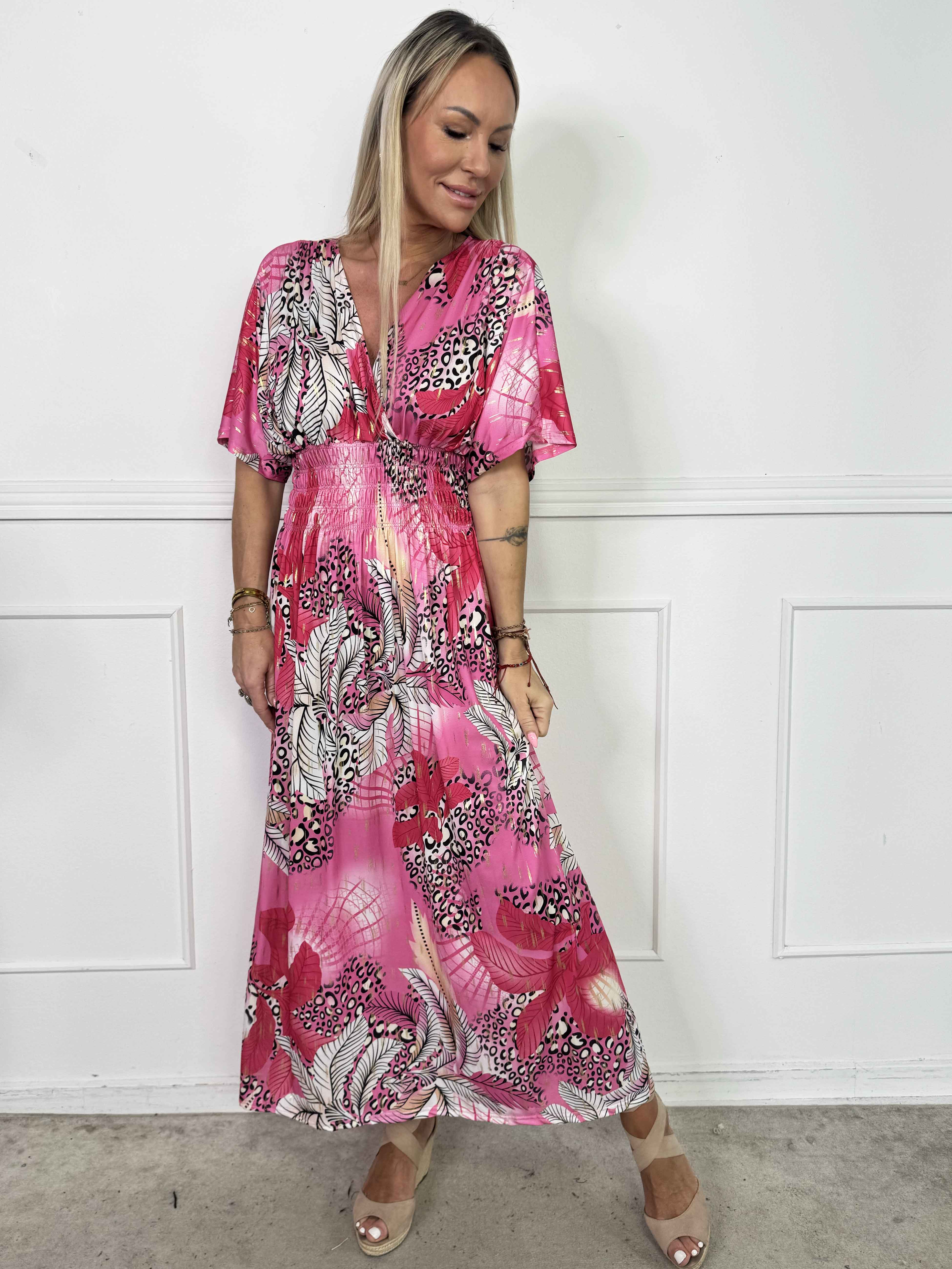 Pams Multi Leo - Lang elastisk kjole med print og guld detaljer